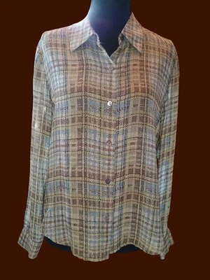 Blusa Charter Club 10 Petite 100 % seda estampado a cuadros manga larga verde azulado blanco Foto 1 de 4