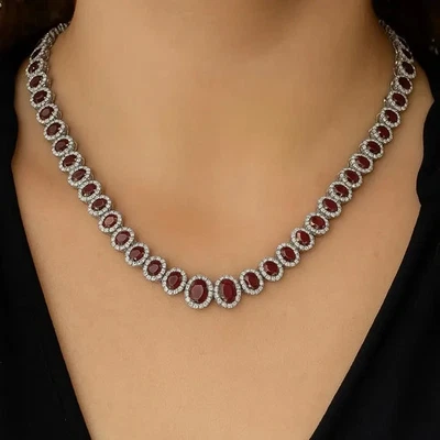 45Ct Oval Cut Lab Created Red Garnet Tennis Women Necklace 14K White Gold Plated - Image 1 of 4