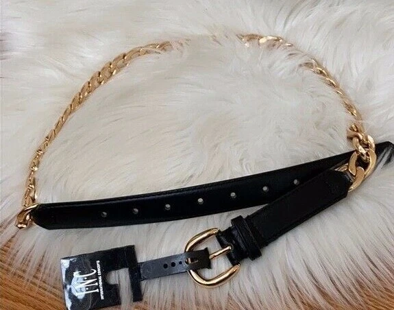Inc International Concepts Women's Smooth Belt With Chain-link Black XL