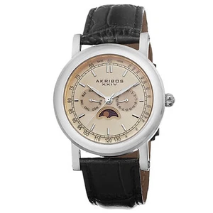 Men's Akribos XXIV AK632SSW Quartz Multifunction AM/PM Black Leather Strap Watch - Picture 1 of 9