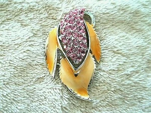 Unusual Flower Pin, Vintage Style, Silver Tone Metal, Pink Crystals Peach Enamel - Picture 1 of 2