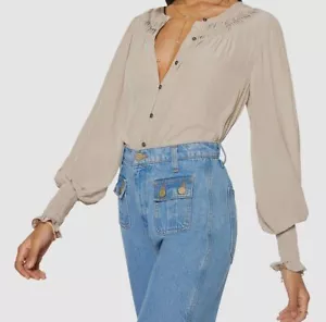 $325 Ramy Brook Women's Beige Round Neck Long Sleeve Button-Up Top Blouse Size L - Picture 1 of 2