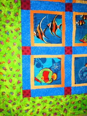 Handmade Lap Quilt / Crib Blanket 32" x 40", Fish, Colorful - Image 1 of 4