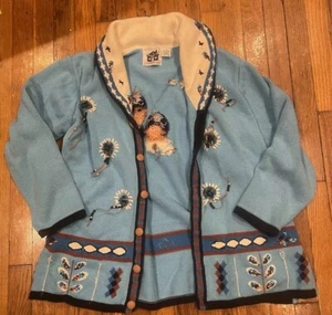 VINTAGE Storybook Knits Sweater Womens 1X Blue Indian Native Navajo Cardigan HSN - Picture 1 of 24
