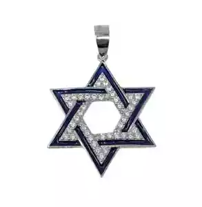 Silver .925 Sterling Silver, CZ and Blue Enamel Star Of David Jewish Pendant - Picture 1 of 4