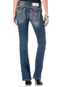 MISS ME ~SIZE 28~ Embellished Flap Pocket Boot Cut Womens Blue Jeans 34 inseam - Picture 1 of 2