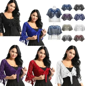 Women See Through Bolero Cape Bridal Lace Shawls Tie Front Shiny Wraps Clubwear - Foto 1 di 124