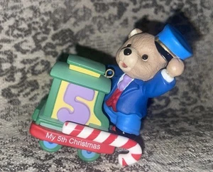 2005 Hallmark Keepsake "Child's Fifth Christmas " Ornament Bear Train Conductor - Picture 1 of 3