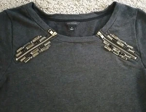 Ann Taylor Crystal Jewel Zipper Shoulder Sweatshirt Small Charcoal Grey - Picture 1 of 9