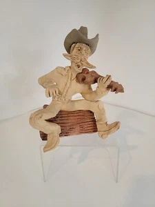 Vtg Signed Tom Schoolcraft Sculptures Cowboy Playing Violin 7" Pottery Fiddle - Picture 1 of 7