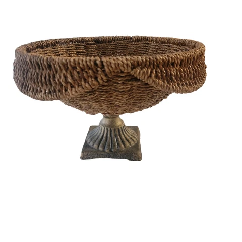 Wicker Scalloped Pedestal Fruit Centerpiece Basket Metal Iron Base Cover