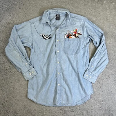 Vintage WB Looney Tunes Shirt Mens Small Blue Chambray 90s Bugs Donald Pepe Taz - Image 1 of 4