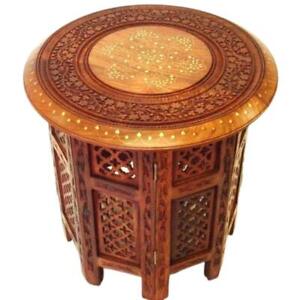 Beautiful 21 Inch Round Hand Carved Indian Sheesham Wooden Coffee Table Side
