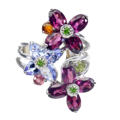 925 Sterling Silver Ring Oval Rhodolite Chrome Diopside Tanzanite Gemstone Sz 8 - Image 1 of 4
