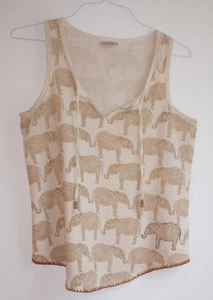 Elephant Top Lucky Brand Beige Brown Embroidered S Sleeveless V-Neck Top Cotton - Picture 1 of 11