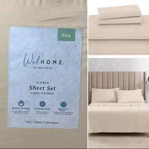 WELHOME WELSPUN 4 PC KG SHEET SET, 70% COTTON RICH BLEND, 320 TC OYSTER GRAY NIB - Picture 1 of 19