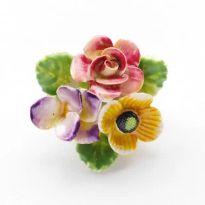 COLOURFUL CERAMIC ROSES BROOCH 3 FLOWERS 3 LEAVES HAND PAINTED 1 1/4 IN - Picture 1 of 2
