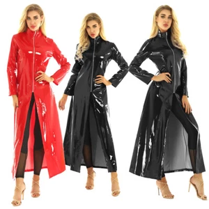 US Women Adults PVC Leather Turtleneck Long Coat Jacket Zipper Cosplay Costume - Picture 1 of 26