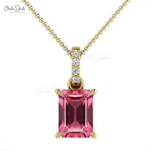 0.80 CT Emerald Cut Pink Tourmaline Pendant 14k Solid Gold Diamond Jewelry Gift - Picture 1 of 22