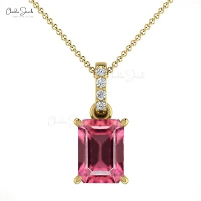 Colgante de turmalina rosa de corte esmeralda de 0.80 CT Oro sólido de 14k Regalo de joyería de diamantes Foto 1 de 4