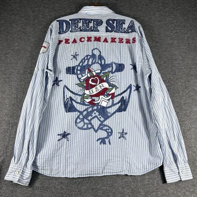 Camisa Ed Hardy Abotonada XL Para Hombre Bordada Deep Sea Peacemakers Y2K Grunge Foto 1 de 4
