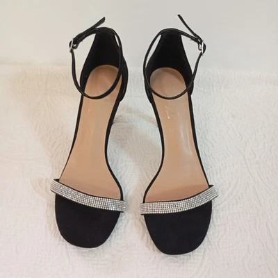 Rouge Black Ankle Strap Stiletto Heels With Rhinestone Embellishment Sz 8.5 - Image 1 of 4