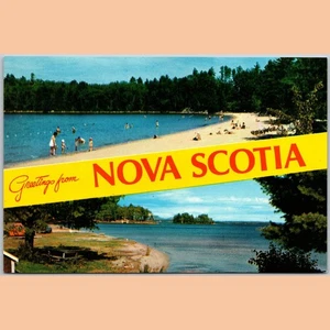 Postcard Banner Greetings from Nova Scotia Beach Scene 1975 Dual View - Picture 1 of 4
