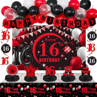 Decoraciones de cumpleaños 16 para niños niñas rojo negro, dulces 16 decoraciones de fiesta con Foto 1 de 4
