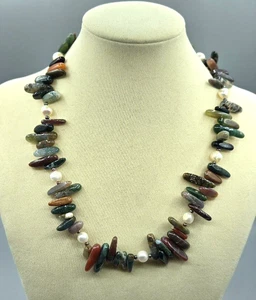 India Agate &Fresh Water Pearl Necklace, Silver Tone Hook Clasp, 18 In Length - Picture 1 of 2