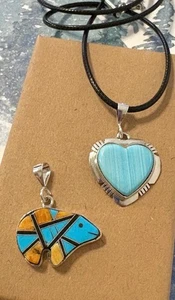 Navajo SG & OD Sterling Silver Spiny Oyster BEAR Turquoise HEART 925 Pendant LOT - Picture 1 of 4