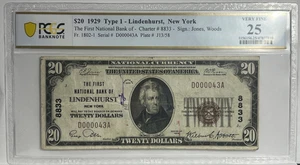 1929 $20 PRIMA BANCA NAZIONALE DI LINDENHURST NEW YORK # 8833 PCGS VF25 - Foto 1 di 4