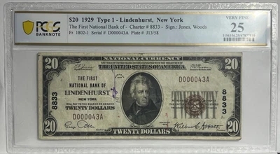 1929 $20  FIRST NATIONAL BANK OF LINDENHURST NEW YORK   # 8833  PCGS VF25 - Image 1 of 4
