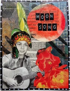 "MOON SONG" mixed Media collage Original Vintage MUSIC outsider Artist SURREAL - Picture 1 of 3