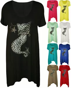 Ladies Plain Short Sleeve Scoop Neck Cat Stud Hanky Hem T-Shirt Tunic Top UK - Picture 1 of 11