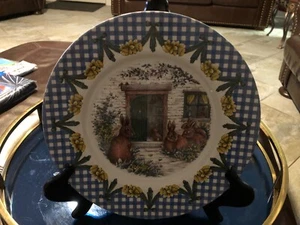 New ROYAL STAFFORD BUNNY RABBIT FAMILY DINNER 11” PLATE BLUE GINGHAM RIM - Picture 1 of 4