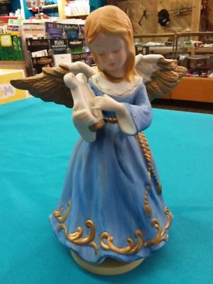 Ceramic Angel Wind-Up Musical Figurine ~ Plays Silent Night ~ 8" Tall W/ Harp - Image 1 of 4