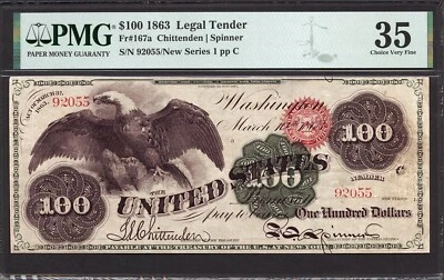 $100 1863 Legal Tender FR 167a PMG 35 - The Heraldic Spread Eagle - Image 1 of 2