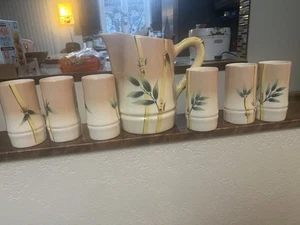 Vintage Weil Ware Malay Bamboo Pink Pitcher And 6 Tumblers - Picture 1 of 9