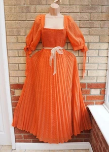 ASOS orange spot textured pleated tie short sleeve shirred maxi party dress 10 S - Picture 1 of 11