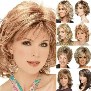 Women Medium Curly Natural Wigs Hair Bangs Blonde Gradient Real Wigs Cosplay~ - Picture 1 of 16
