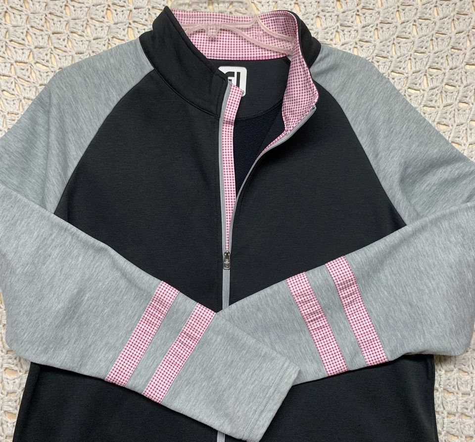 Suéter de Golf Footjoy para Mujer XL Negro Rosa Rayas Geométrico Cremallera Completa Manga Larga Foto 1 de 4