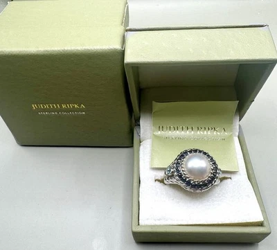 Judith Ripka Sterling Silver Faux Pearl Sapphire Topaz Ring Sz 8 W/ Box - Image 1 of 4