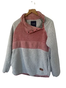 Simply Southern Snap Neck Silver White & Pink Fleece Popover Medium - Picture 1 of 4