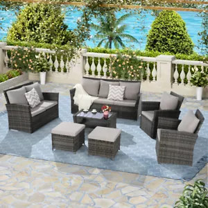 7 Pcs PE Rattan Outdoor Furniture Set Patio Furniture Set 9 Seater, Gray - Picture 1 of 8