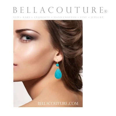 $695 NEW 14K YELLOW GOLD TURQUOISE DIAMOND ROSE CUT VTG DANGLE TEARDROP EARRINGS - Image 1 of 4