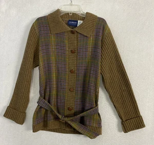 VTG 90s Belted Sweater Cardigan Wool Women's S Lizsport Ribbed Plaid USA 80s - Picture 1 of 11