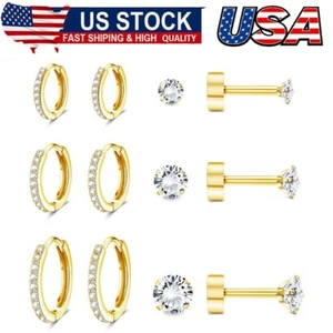 Hypoallergenic Flat Back Earrings 14K Gold Cartilage Earring Sets for Multiple - Picture 1 of 7