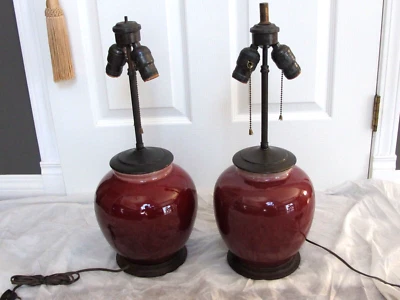 Jarrón antiguo chino de porcelana esmaltada Sang de Boeuf sangre de buey x 2 lámparas años 1800 Foto 1 de 4