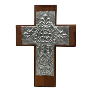 Vintage Handcrafted Wooden And Embossed Tin Hanging Wall Cross 9.5” x 12” - Picture 1 of 9