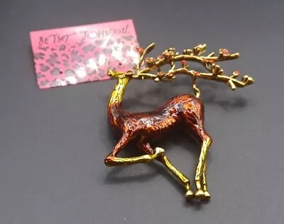 New Betsey Johnson Enamel Brown Reindeer Flower Antlers Pin Brooch With Tag - Image 1 of 3